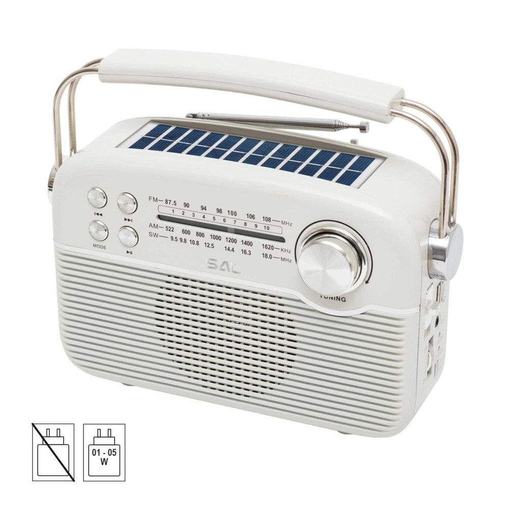 SAL RPR9 napelemes rádió multimédia lejátszóval, FM-AM-SW rádió, Bluetooth, USB és microSD csatlakozás, beépített akkumulátor