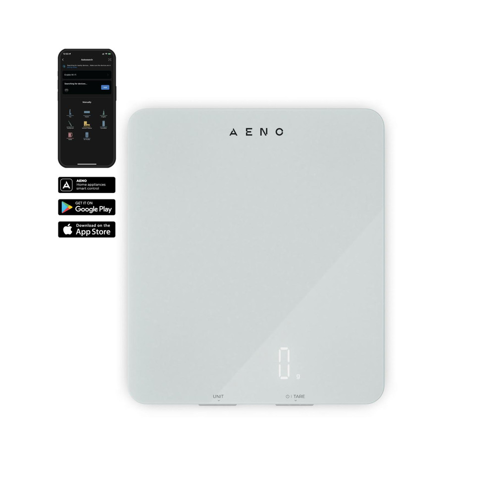 AENO AKS0001S KS1S intelligens konyhai mérleg, max. 8 kg kapacitás, LED kijelző, Bluetooth csatlakozás, edzett üvegfelület
