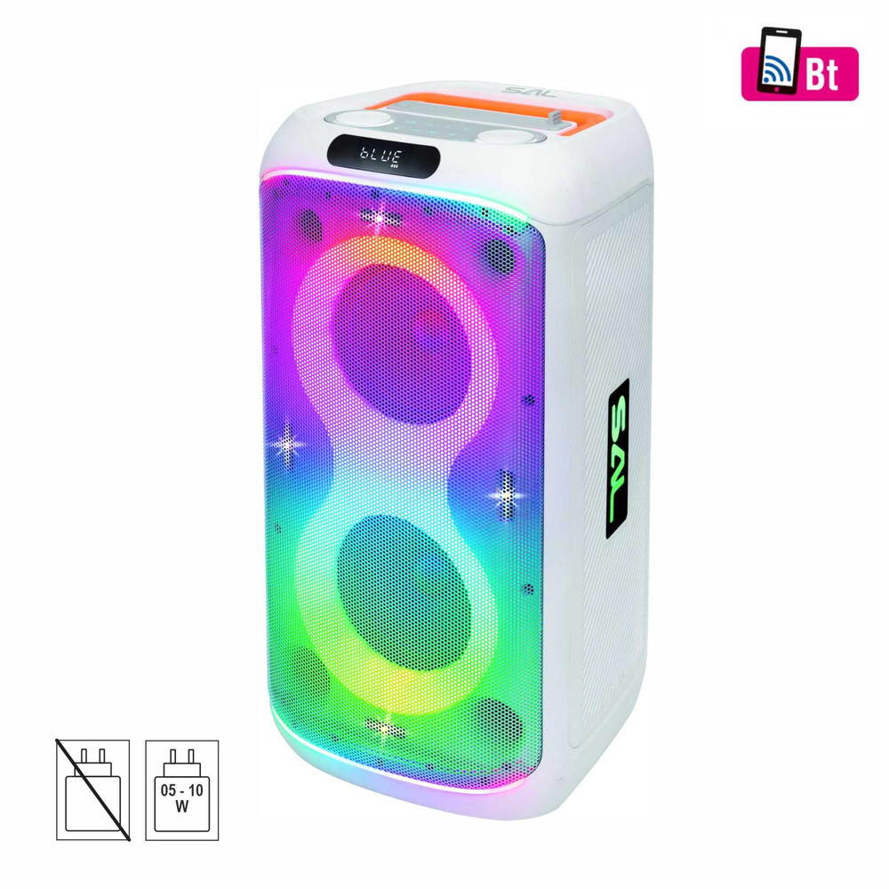 SAL PAR216WH party hangfal, 60 W, 2-utas bassz-reflex, 3 hangszóró, Bluetooth, MP3, digitális kijelző, LED fényeffekt, mikrofonnal