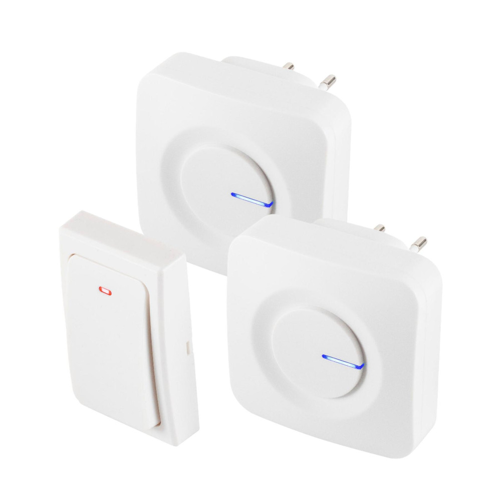 HOME DBKS1001AC vezeték és elem nélküli csengő készlet, 1x nyomógomb + 2x csengő, 100m hatótáv, 36 dallam, szabályozható hangerő, IP44, fényjelzés, kinetikus nyomógomb