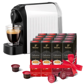 Tchibo Cafissimo Easy White kapszulás kávéfőző +Caf. Espresso Elegant Aroma 8x10db + Caf. Espresso Intense Aroma 8x10db